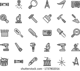 Thin line gray tint vector icon set - zoom out vector, wind direction indicator, electronic thermometer e, mercury, drumroll, drum, trowel, cordless drill, arm saw, construction level, building