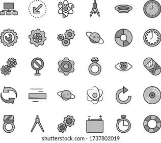 Thin line gray tint vector icon set - prohibition vector, clock face, renewal, minus, clockwise, tumbler, cogwheel, gear, left bottom arrow, eye, timer, CD, plate, accumulator, gears, scheme, atom
