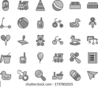 Thin line gray tint vector icon set - toys over the cot vector, dummy, new abacus, beanbag, baby rattle, rubber duck, duckling, bath ball, stacking toy, roly poly doll, tumbler, phone, mobile, train