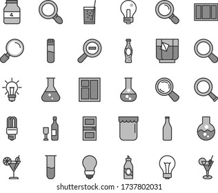 Thin line gray tint vector icon set - matte light bulb vector, incandescent lamp, zoom out, window, frame, interroom door, magnifier, a glass of soda, tea, cocktail, bottle, jam, jar, liquor, flask