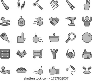 Thin line gray tint vector icon set - cargo trolley vector, magnifier, dollar, chest of drawers, measuring cup for feeding, small rocking horse, big core, drill, hand saw, arm, spatula, index finger