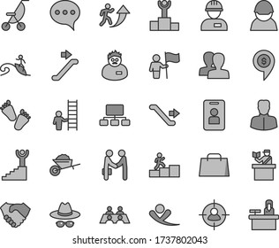 Thin line gray tint vector icon set - women vector, hat with glasses, summer stroller, children's tracks, workman, garden trolley, speech, racer, woman, man in sight, scheme, hand shake, bag, ladder