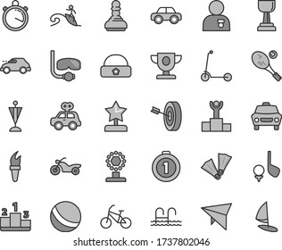 Thin line gray tint vector icon set - bath ball vector, motor vehicle, present, child Kick scooter, warm hat, car, pedestal, retro, stopwatch, flame torch, winner podium, prize, cup, gold, pawn