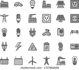 Thin line gray tint vector icon set - lightning vector, danger of electricity, saving light bulb, power socket type b, charging battery, solar panel, windmill, factory, accumulator, hydroelectricity