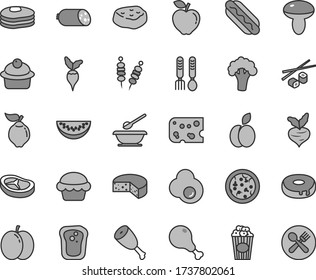 Thin line gray tint vector icon set - plates and spoons vector, iron fork, sausage, piece of cheese, fried vegetables on sticks, pizza, Hot Dog, mushroom, cake, muffin, with a hole, chicken leg, egg