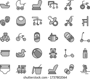 Thin line gray tint vector icon set - toys over the cradle vector, cot, dummy, mug for feeding, bottle, diaper, baby bib, chair, car child seat, stroller, summer, sitting, rubber duck, bath ball, a