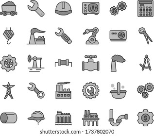 Thin line gray tint vector icon set - repair key vector, hook, gears, adjustable wrench, sewerage, construction helmet, gear, working oil derrick, valve, manufacture, factory, hydroelectricity, pipe