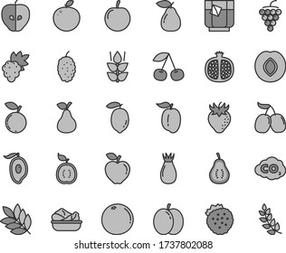 Juego de iconos vectoriales de tintes grises de línea delgada - lechuga en un vector de placa, vaso de té, fresas, pera, menta, cereza, manzana, mitad granada, uva, grande, roja, sabrosa, ciruela, fresa, cadera rosa, mango