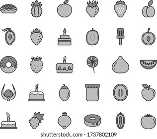 Thin line gray tint vector icon set - cake vector, torte, birthday, with a hole, glazed, apple pie, lollipop, popsicle, jam, strawberry, grape, red, raspberry, fig, medlar, tasty, half of mango