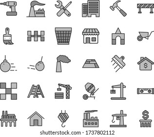 Thin line gray tint vector icon set - wicker pot vector, box of bricks, tower crane, hook, big core, building trolley, concrete mixer, small tools, cordless drill, wooden paint brush, ladder, level