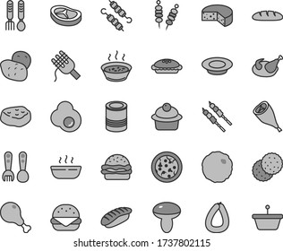 Thin line gray tint vector icon set - plastic fork spoons vector, iron, stick of sausage, cheese, loaf, tin, fried vegetables on sticks, pizza, big burger, spaghetti, mushroom, muffin, pie, hot, leg