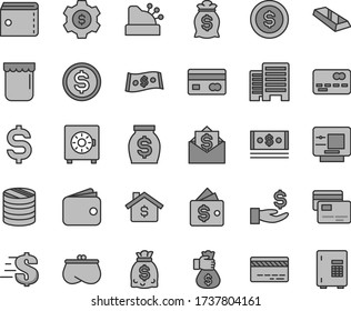 Thin line gray tint vector icon set - bank card vector, purse, dollar, buildings, strongbox, cards, jam, reverse side of a, front the, column coins, denomination, get wage, wallet, money, dollars