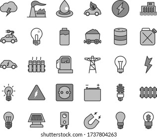 Thin line gray tint vector icon set - matte light bulb vector, incandescent lamp, lightning, radiator, new, boiler, storm cloud, charge level, gas station, factory, barrel, accumulator, power pole