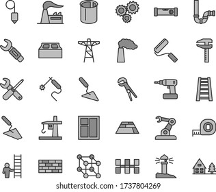 Thin Line Gray Tint Vector Icon Set - Brickwork Vector, Trowel, Building, Window, Small Tools, Adjustable Wrench, Cordless Drill, Measuring Tape, New Roller, Stepladder, Siphon, Construction Level