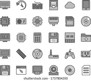Thin line gray tint vector icon set - monitor window vector, keyboard, archive, upload folder, CD, screen, smd, calculator, tablet pc, fan, power supply, cpu, memory, card, web camera, usb, router