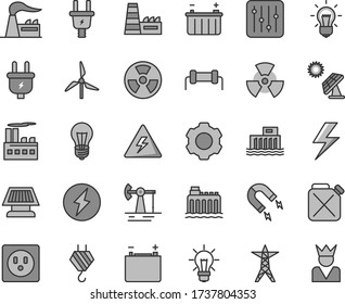 Thin line gray tint vector icon set - lightning vector, danger of electricity, hook, regulator, big solar panel, working oil derrick, windmill, factory, accumulator, battery, bulb, hydroelectricity