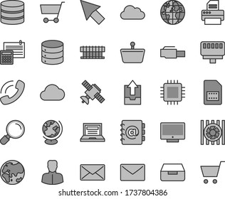 Thin line gray tint vector icon set - laptop vector, upload archive data, calculation, envelope, magnifier, screen, big, address book, drawer, planet, SIM card, cart, shopping basket, woman, cpu