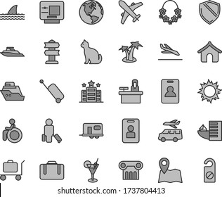 Thin line gray tint vector icon set - earth vector, camper, identity card, passenger, suitcase, plane, rolling case, arrival, atm, hotel, boungalow, sun, palm tree, hawaii wreath, cocktail, baggage