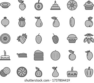 Thin line gray tint vector icon set - cake vector, birthday, muffin, piece of, slice, torte, a plate milk, pear, biscuit, peach, branch grape, quince, medlar, blueberry, mulberry, tasty, water melon