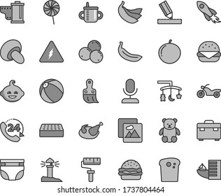 Thin line gray tint vector icon set - paint roller vector, camera roll, toys over the cradle, mug for feeding, nappy, baby bath ball, small teddy bear, funny hairdo, plastic brush, suitcase, drawing