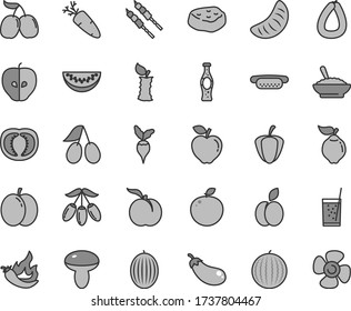 Thin line gray tint vector icon set - stick of sausage vector, mini hot dog, mushroom, a bowl buckwheat porridge, barbecue, piece meat, carrot, glass soda, bottle, apple, ripe peach, quince, red