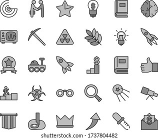 Thin line gray tint vector icon set - star vector, telescope, glasses, nuclear, zoom, bulb, brain, book, biohazard, pipette, oscilloscope, artifical insimination, radar, rocket, lunar rover, biology