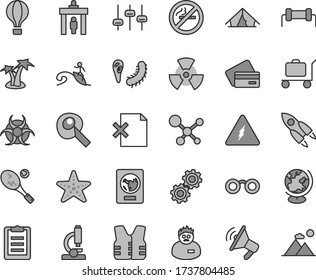 Thin line gray tint vector icon set - delete page vector, microscope, molecule, electricity, glasses, nuclear, gears, settings, bactery, biohazard, globe, scientist, clipboard, rocket, resistor