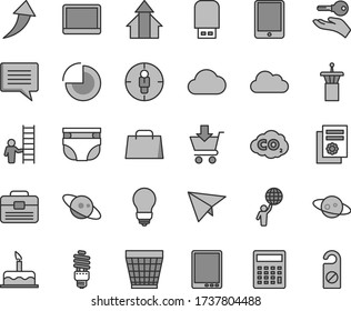 Dünne Linie graue Tint Vektor-Symbol-Set - Bild von Gedanken Vektor, Korb Topf, Taschenrechner, Kuchen-Diagramm, Windeln, Kuchen, Portfolio, Bulb, in den Karren gelegt, Energieeinsparung, Kohlendioxid, Ziel Frau, Handtasche