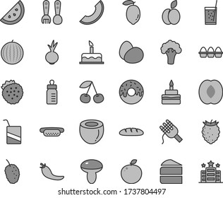 Thin line gray tint vector icon set - feeding bottle vector, e, plastic fork spoons, cake, eggs, bundle of, loaf, mini hot dog, spaghetti, mushroom, piece, birthday, glazed with a hole, beet, apple