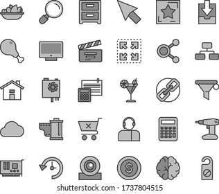 Thin line gray tint vector icon set - house vector, spectacles, camera roll, movie cracker, download archive data, drill, calculation, magnifier, screen, flowchart, nightstand, crossed cart, size