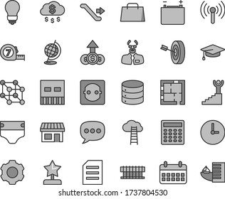 Thin Line Gray Tint Vector Icon Set - Diaper Vector, Long Meashuring Tape, Laying Out, Bulb, Wall Clock, Big Data, Accumulator, Power Socket, Stall, Calendar, Hand Bag, Speech, Radiator Fan, Usb