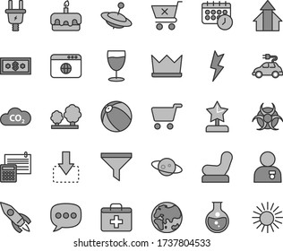 Thin line gray tint vector icon set - first aid kit vector, Baby chair, bath ball, yule, calculation, lightning, crossed cart, move down, torte, glass, round flask, planet, electric plug, trees, car