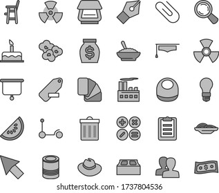 Thin line gray tint vector icon set - bin vector, women, hat, remove label, baby bib, a chair for feeding child, cake, Kick scooter, sample of colour, building block, math actions, clip, tin, money