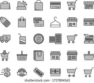 Thin line gray tint vector icon set - paper bag vector, grocery basket, bank card, dollar, e, city block, put in cart, crossed, with handles, cards, kiosk, hanger, label, stall, shopping, cash, hand