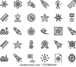 Thin line gray tint vector icon set - add bookmark vector, remove label, star gear, rocket, space, lunar rover, bang, cup, reward, medal, flag, hero, ribbon, certificate, dollar, stars around man