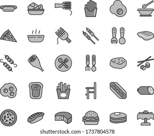 Thin line gray tint vector icon set - plates and spoons vector, a chair for feeding, plastic fork, iron, sausage, cheese, pizza, piece of, Hot Dog, mini, burger, spaghetti, noodles, porridge, chop
