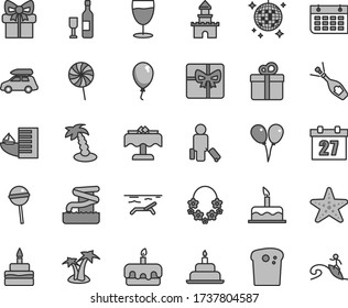 Thin line gray tint vector icon set - daily calendar vector, colored air balloons, balloon, cake, birthday, gift, Easter, torte, Chupa Chups, lollipop, glass, wall, giftbox, sand castle, wine, hotel