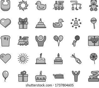 Thin line gray tint vector icon set - heart symbol vector, toys over the cradle, bib, rubber duck, baby duckling, teddy bear, toy train, children's, colored air balloons, balloon, birthday cake, sun