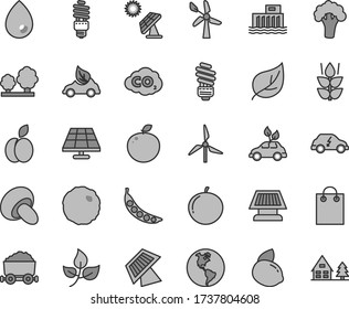 Thin line gray tint vector icon set - saving light bulb vector, drop, porcini, cabbage, apple, mint, tangerine, yellow lemon, delicious, peas, broccoli, solar panel, big, leaves, leaf, windmill, bag