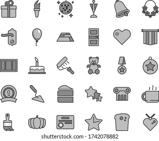 Thin line gray tint vector icon set - teddy bear vector, balloon, cake, building trowel, window frame, paint roller, wooden brush, door knob, interroom, paving slab, bell, star, heart, gift, Easter