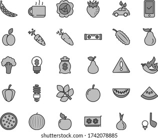 Thin line gray tint vector icon set - warning vector, building level, carrot, cup of tea, apple, pear, squash, apricot, strawberry, water melon, slice, tasty plum, half passion fruit, ripe guava