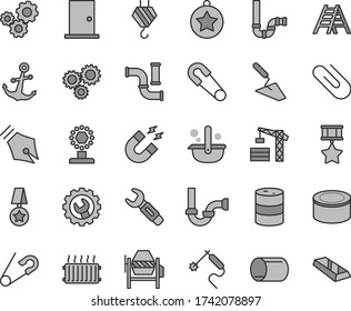 Thin line gray tint vector icon set - safety pin vector, open, tower crane, hook, trowel, concrete mixer, ladder, siphon, sewerage, ntrance door, gear, anchor, clip, canned goods, water pipes, pipe
