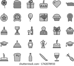Thin line gray tint vector icon set - tassel vector, balloon, cake, birthday, heart, gift, square academic hat, Easter, muffin, piece of, slice, torte, lollipop, glass, bottle, giftbox, gold cup
