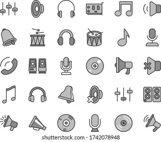 Thin line gray tint vector icon set - bell vector, desktop microphone, horn, loudspeaker, silent mode, drumroll, drum, headphones, music, CD, volume, no sound, phone call, megaphone, pc card, note