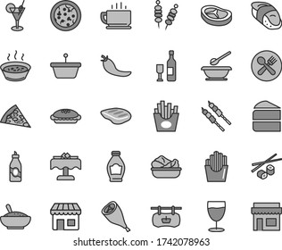 Thin line gray tint vector icon set - plates and spoons vector, coffee, fried vegetables on sticks, pizza, piece of, cake, pie, a bowl rice porridge, in saucepan, lettuce plate, grill chicken leg