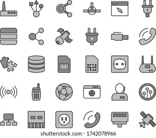 Thin line gray tint vector icon set - Puzzle vector, power socket type b, f, phone call, plug, electric, SIM card, connection, connections, scheme, dispatcher, mobile, usb, router, network, browser