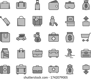 Thin line gray tint vector icon set - briefcase vector, paper bag, first aid kit, of a paramedic, medical, portfolio, suitcase, case, with handles, package, glass tea, cart, wallet, purse, money