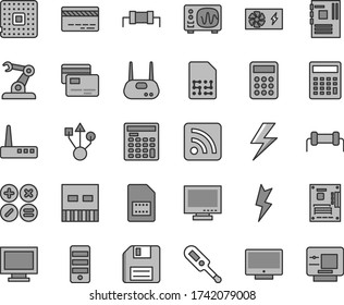 Thin line gray tint vector icon set - lightning vector, floppy disk, monitor, window, bank card, calculator, rss feed, electronic thermometer e, screen, cards, math actions, processor, SIM, engineer