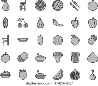 Thin line gray tint vector icon set - a chair for feeding vector, child, mini hot dog, mushroom, bowl of buckwheat porridge, rice, plate fruit, barbecue, orange slice, biscuit, sandwich, cherry, fig