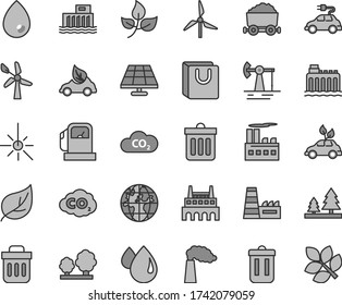 Thin line gray tint vector icon set - dust bin vector, drop, bag with handles, solar panel, working oil derrick, leaves, leaf, gas station, windmill, wind energy, manufacture, hydroelectric, trees